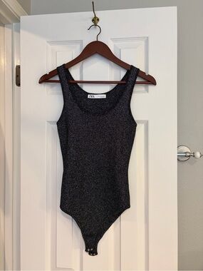 Zara Metallic Bodysuit Small Black Silver Shimmer Party Sleeveless